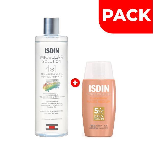 Isdin Micellar Solution 400 ML + Fotoprotector Fusion Water Magic con Color 50 ML - Pack 2 UN